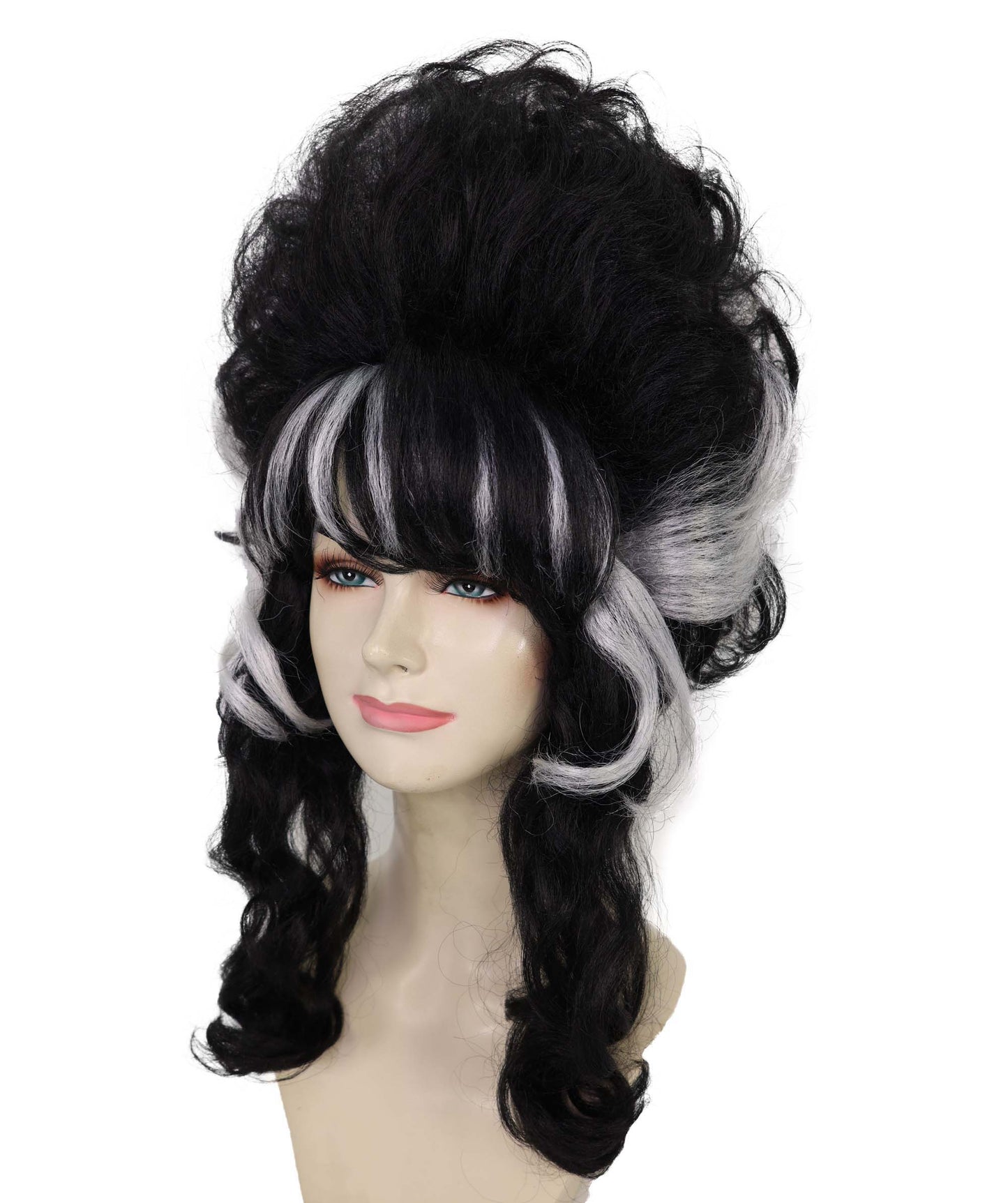 Wigs2you H-6984 女性用大人用フランケンシュタイン・ビーハイブウィッグ｜白い縞模様のハロウィンアップウィッグ｜黒の人工毛｜難燃性｜キャップレスキャップ｜ホラー花嫁コスチュームウィッグ