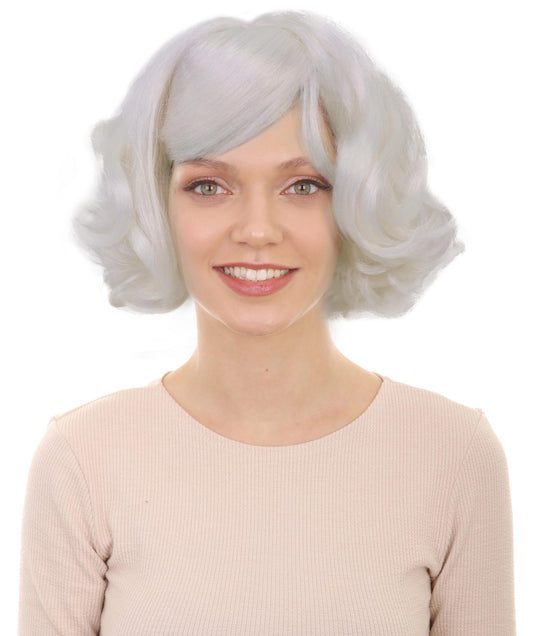 Wigs2you H-6986 大人女性用前髪付きホワイトカーリーウィッグ｜おばあちゃん、高齢者、老婦人コスチュームに最適なショートレイヤード合成ウィッグ｜ハロウィン、学校の仮装、テーマパーティーに最適なキャップレスウィッグ