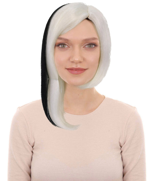 Wigs2you H-6987 大人女性用グラマーディーバホワイトウィッグ（ブラックストライプ入り）｜ロング合成コスチュームウィッグ｜ハロウィンパーティーディーバルック｜通気性のあるキャップレスフィット、ソフトファイバー