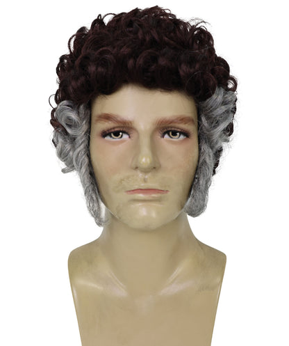 Wigs2you H-7011  大人用メンズ ブラウン カーリー レトロ フルウィッグ グレー サイドバーン付き 9インチ 合成繊維 ハロウィン、コンベンション、コメディー ドレスアップ パーティーに最適