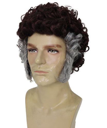 Wigs2you H-7011  大人用メンズ ブラウン カーリー レトロ フルウィッグ グレー サイドバーン付き 9インチ 合成繊維 ハロウィン、コンベンション、コメディー ドレスアップ パーティーに最適