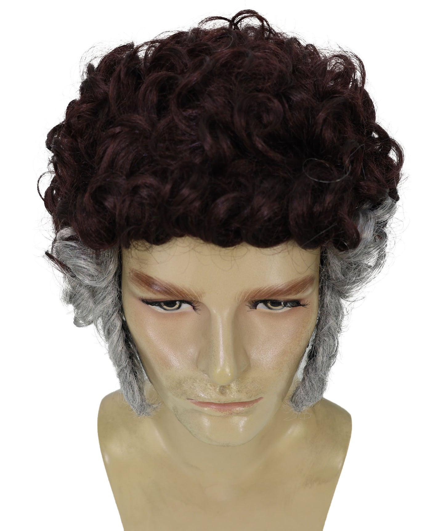 Wigs2you H-7011  大人用メンズ ブラウン カーリー レトロ フルウィッグ グレー サイドバーン付き 9インチ 合成繊維 ハロウィン、コンベンション、コメディー ドレスアップ パーティーに最適