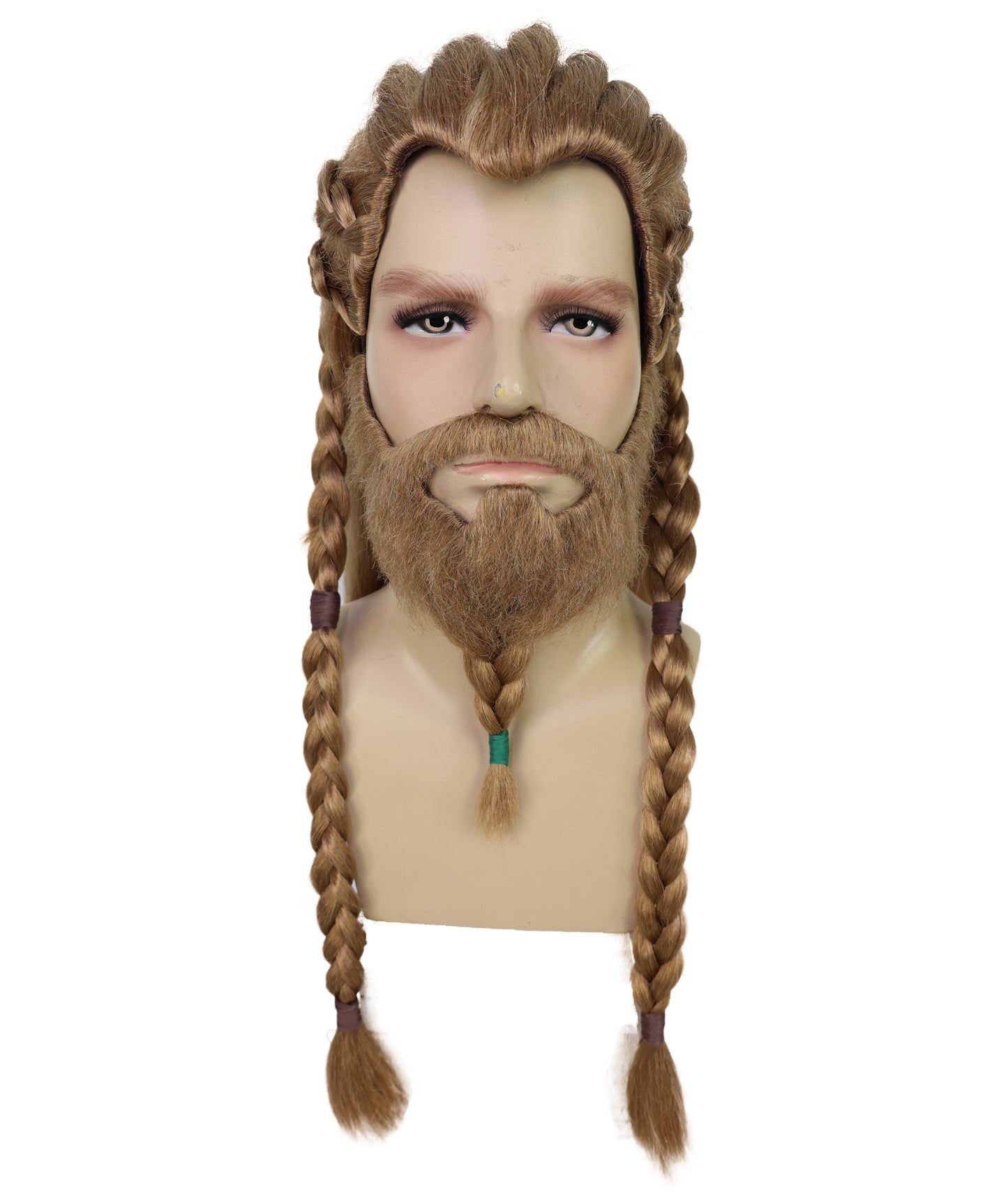 Wigs2you H-7030  大人用メンズ バイキング編み込みフルウィッグ ひげ・口ひげ付き ブラウン 21インチ 合成繊維 北欧戦士コスプレ、フェスティバル、パーティーに最適