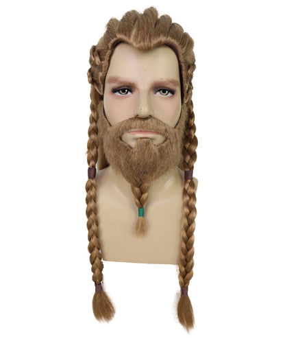 Wigs2you H-7030  大人用メンズ バイキング編み込みフルウィッグ ひげ・口ひげ付き ブラウン 21インチ 合成繊維 北欧戦士コスプレ、フェスティバル、パーティーに最適