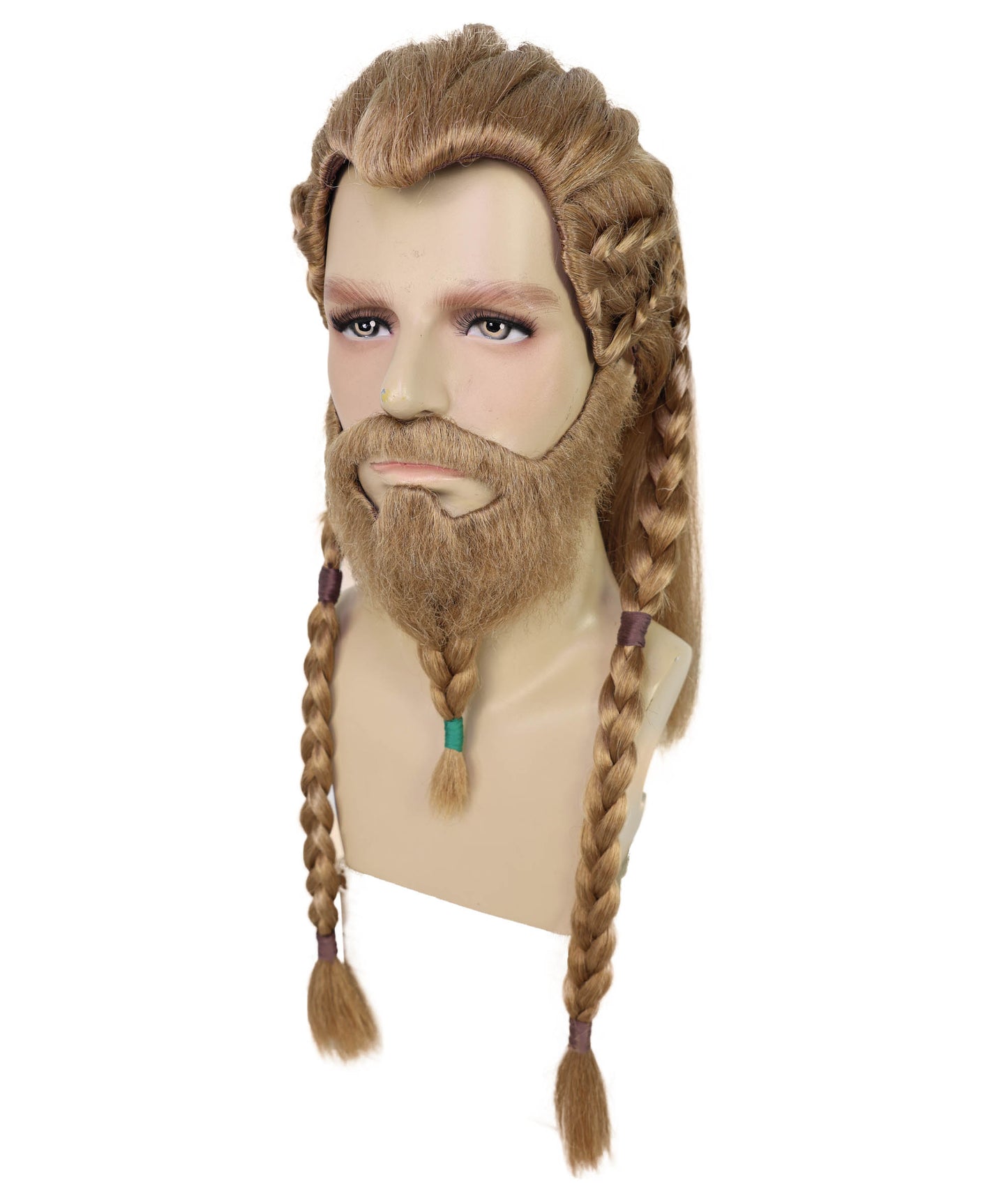 Wigs2you H-7030  大人用メンズ バイキング編み込みフルウィッグ ひげ・口ひげ付き ブラウン 21インチ 合成繊維 北欧戦士コスプレ、フェスティバル、パーティーに最適