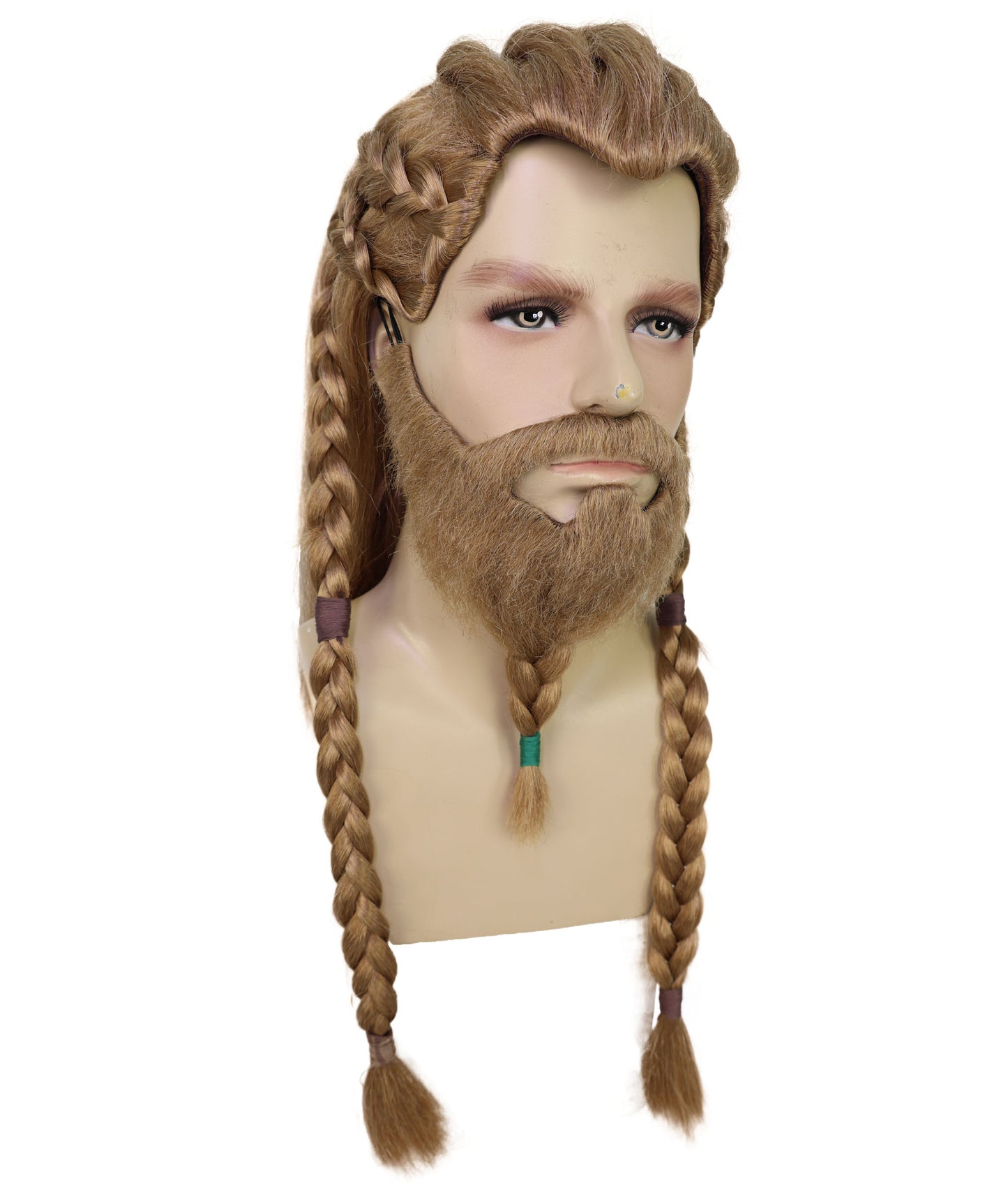 Wigs2you H-7030  大人用メンズ バイキング編み込みフルウィッグ ひげ・口ひげ付き ブラウン 21インチ 合成繊維 北欧戦士コスプレ、フェスティバル、パーティーに最適