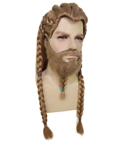 Wigs2you H-7030  大人用メンズ バイキング編み込みフルウィッグ ひげ・口ひげ付き ブラウン 21インチ 合成繊維 北欧戦士コスプレ、フェスティバル、パーティーに最適