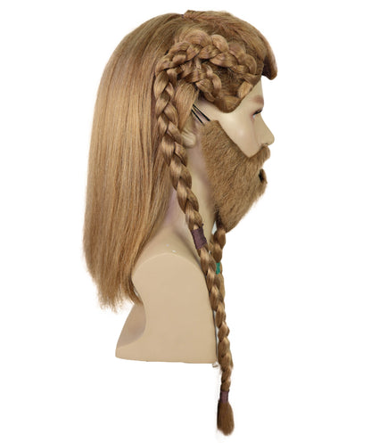 Wigs2you H-7030  大人用メンズ バイキング編み込みフルウィッグ ひげ・口ひげ付き ブラウン 21インチ 合成繊維 北欧戦士コスプレ、フェスティバル、パーティーに最適