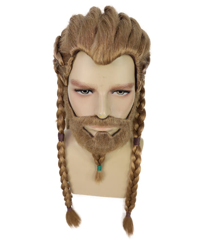 Wigs2you H-7030  大人用メンズ バイキング編み込みフルウィッグ ひげ・口ひげ付き ブラウン 21インチ 合成繊維 北欧戦士コスプレ、フェスティバル、パーティーに最適