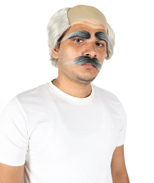Wigs2you H-7041 大人用 老人用 ショート ダークグレー ウィッグ 口ひげ＆眉毛セット 坊主キャップ付き | おもしろおじいちゃん コスプレウィッグ | 難燃性合成繊維
