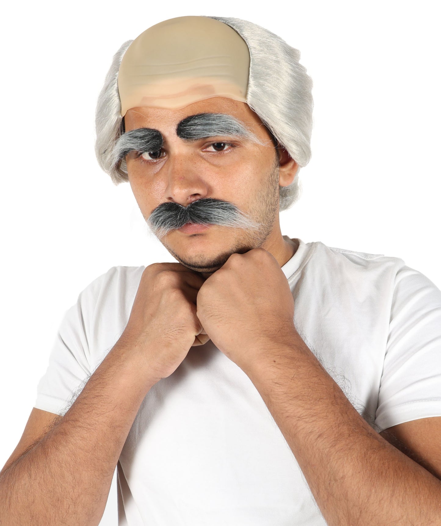 Wigs2you H-7041 大人用 老人用 ショート ダークグレー ウィッグ 口ひげ＆眉毛セット 坊主キャップ付き | おもしろおじいちゃん コスプレウィッグ | 難燃性合成繊維