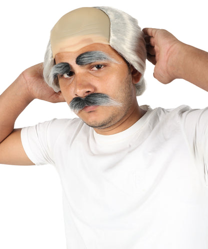 Wigs2you H-7041 大人用 老人用 ショート ダークグレー ウィッグ 口ひげ＆眉毛セット 坊主キャップ付き | おもしろおじいちゃん コスプレウィッグ | 難燃性合成繊維