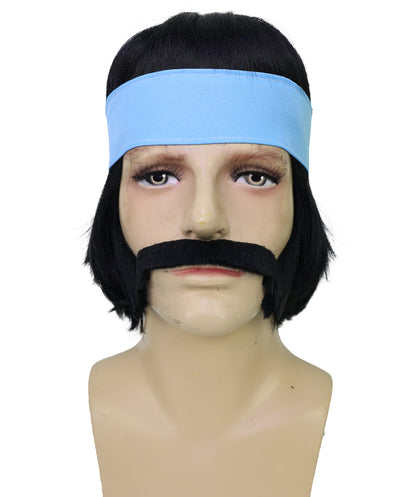 Wigs2you H-7048 大人用男性用ヒッピースタイルフルウィッグ（もみあげ、口ひげ、ヘッドバンド付き）合成繊維製。60年代風のレトロなコスチュームやテーマイベントに最適。