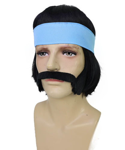Wigs2you H-7048 大人用男性用ヒッピースタイルフルウィッグ（もみあげ、口ひげ、ヘッドバンド付き）合成繊維製。60年代風のレトロなコスチュームやテーマイベントに最適。