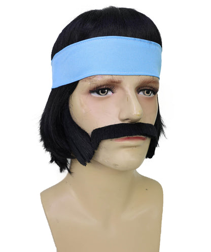 Wigs2you H-7048 大人用男性用ヒッピースタイルフルウィッグ（もみあげ、口ひげ、ヘッドバンド付き）合成繊維製。60年代風のレトロなコスチュームやテーマイベントに最適。
