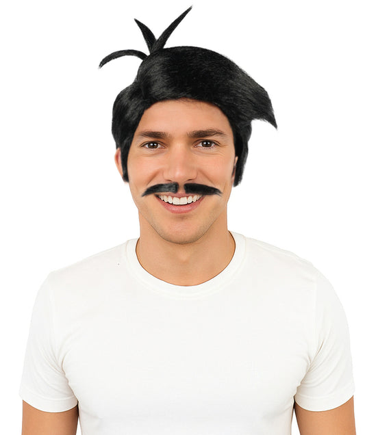 Wigs2you H-7095 大人男性用ウエスタンアウトロー風黒ウィッグ＆口ひげセット｜短めの黒色合成ウィッグとそれに合わせた口ひげ｜コスチュームパーティーやロールプレイに最適