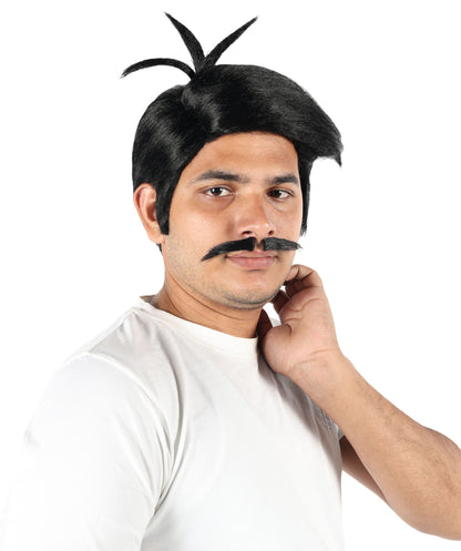 Wigs2you H-7095 大人男性用ウエスタンアウトロー風黒ウィッグ＆口ひげセット｜短めの黒色合成ウィッグとそれに合わせた口ひげ｜コスチュームパーティーやロールプレイに最適
