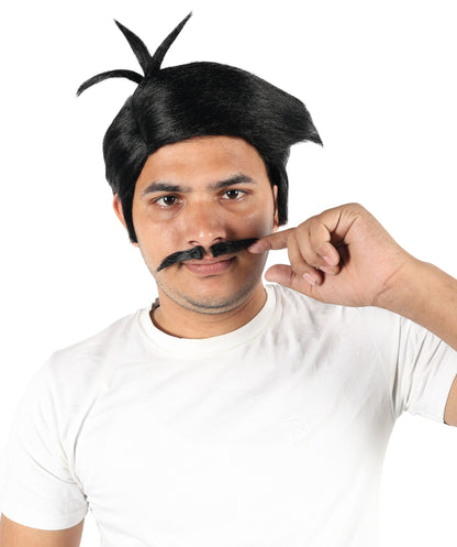 Wigs2you H-7095 大人男性用ウエスタンアウトロー風黒ウィッグ＆口ひげセット｜短めの黒色合成ウィッグとそれに合わせた口ひげ｜コスチュームパーティーやロールプレイに最適