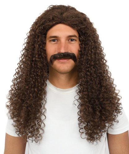 Wigs2you H-7106大人男性用ロングカールウィッグ＆口ひげセット｜自然な見た目のブラウン合成毛ウィッグ｜コスプレ、ハロウィン、舞台用ウィッグ
