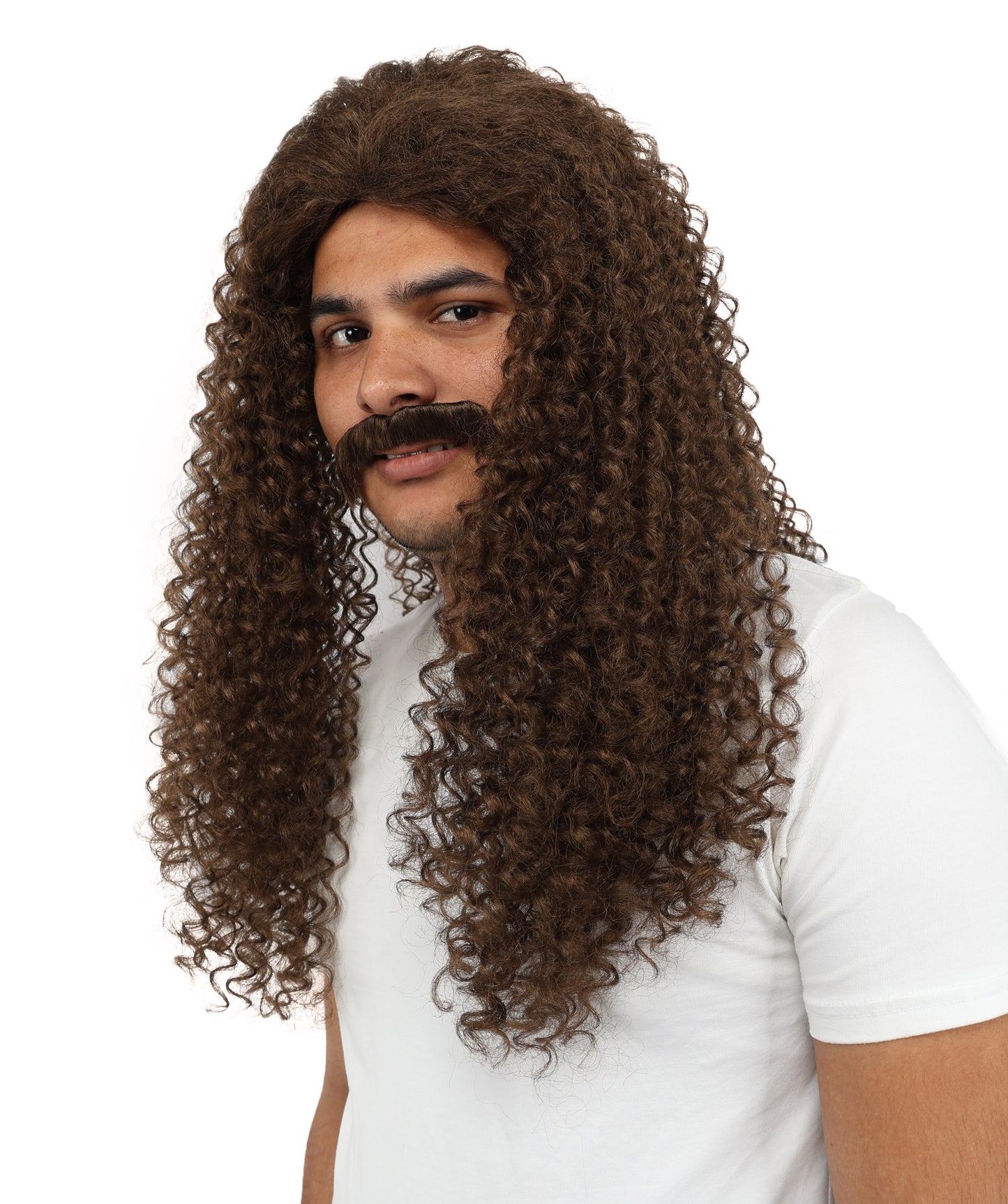 Wigs2you H-7106大人男性用ロングカールウィッグ＆口ひげセット｜自然な見た目のブラウン合成毛ウィッグ｜コスプレ、ハロウィン、舞台用ウィッグ