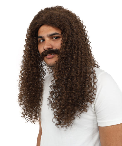 Wigs2you H-7106大人男性用ロングカールウィッグ＆口ひげセット｜自然な見た目のブラウン合成毛ウィッグ｜コスプレ、ハロウィン、舞台用ウィッグ