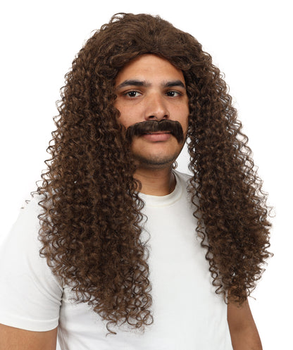 Wigs2you H-7106大人男性用ロングカールウィッグ＆口ひげセット｜自然な見た目のブラウン合成毛ウィッグ｜コスプレ、ハロウィン、舞台用ウィッグ