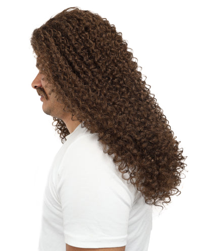 Wigs2you H-7106大人男性用ロングカールウィッグ＆口ひげセット｜自然な見た目のブラウン合成毛ウィッグ｜コスプレ、ハロウィン、舞台用ウィッグ