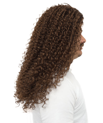 Wigs2you H-7106大人男性用ロングカールウィッグ＆口ひげセット｜自然な見た目のブラウン合成毛ウィッグ｜コスプレ、ハロウィン、舞台用ウィッグ