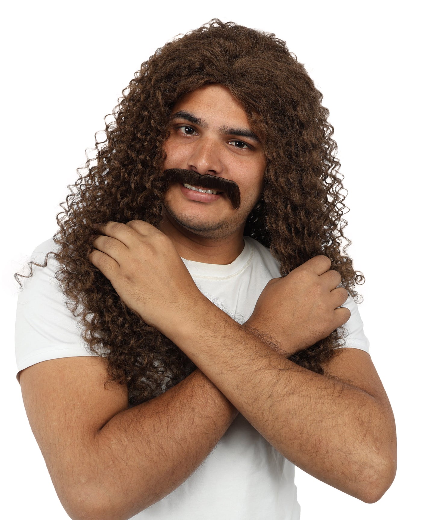 Wigs2you H-7106大人男性用ロングカールウィッグ＆口ひげセット｜自然な見た目のブラウン合成毛ウィッグ｜コスプレ、ハロウィン、舞台用ウィッグ