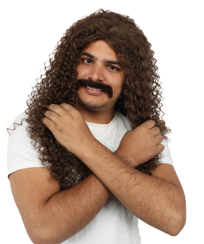Wigs2you H-7106大人男性用ロングカールウィッグ＆口ひげセット｜自然な見た目のブラウン合成毛ウィッグ｜コスプレ、ハロウィン、舞台用ウィッグ