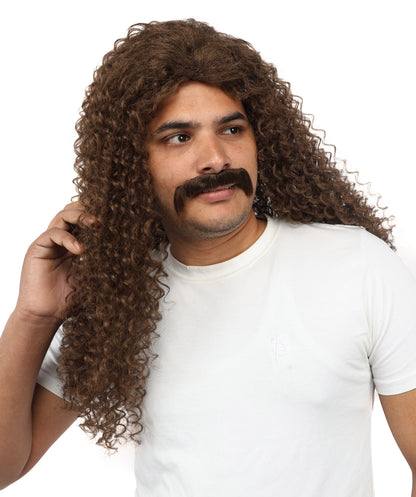 Wigs2you H-7106大人男性用ロングカールウィッグ＆口ひげセット｜自然な見た目のブラウン合成毛ウィッグ｜コスプレ、ハロウィン、舞台用ウィッグ