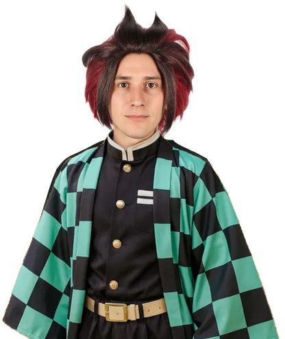 Wigs2you H-7111 大人男性用ショートレイヤードバーガンディコスプレウィッグ（赤い模様とイヤリング付き）｜アニメ風ヘアスタイル、キャップとボーナスステッカー付き