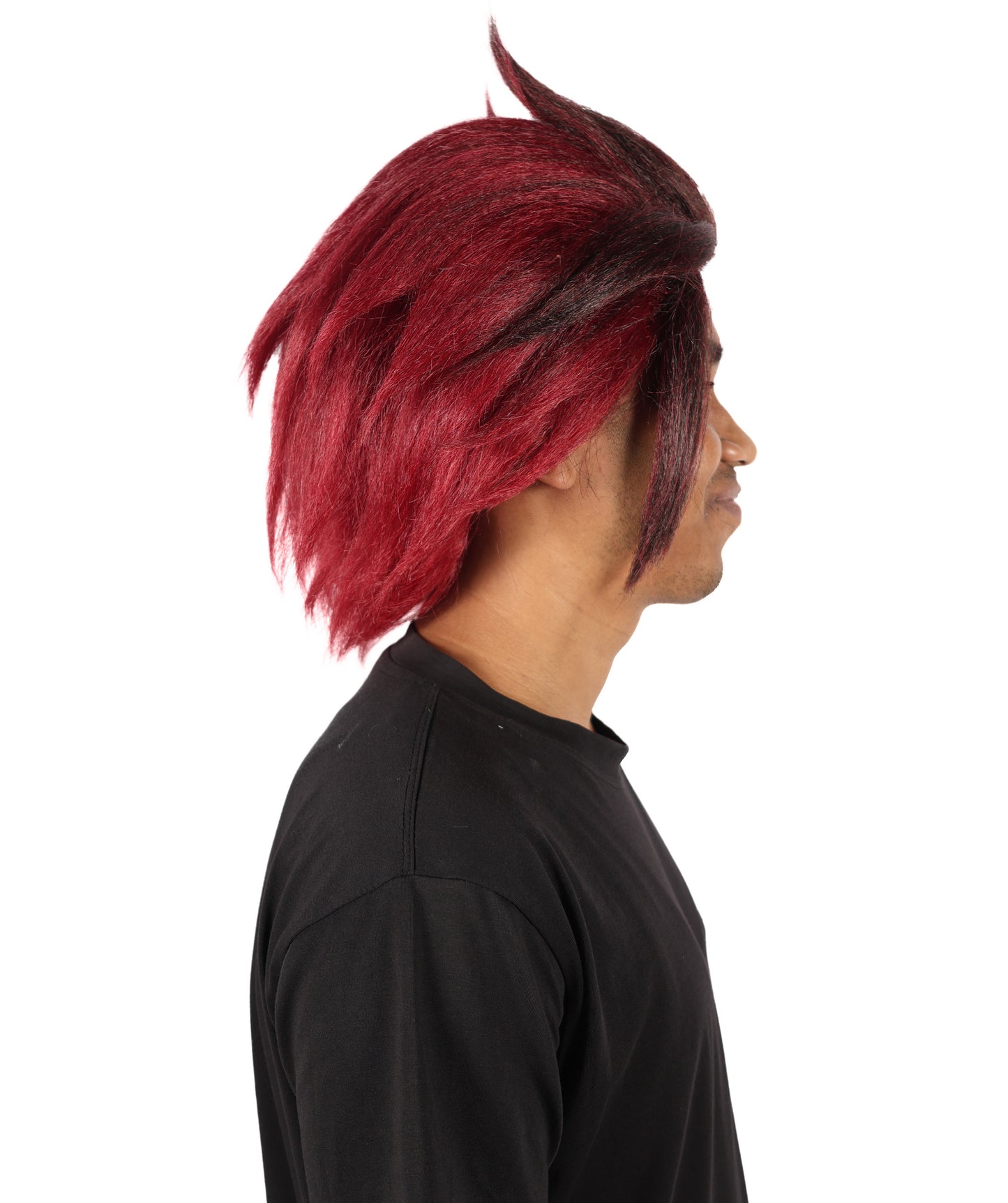 Wigs2you H-7111 大人男性用ショートレイヤードバーガンディコスプレウィッグ（赤い模様とイヤリング付き）｜アニメ風ヘアスタイル、キャップとボーナスステッカー付き
