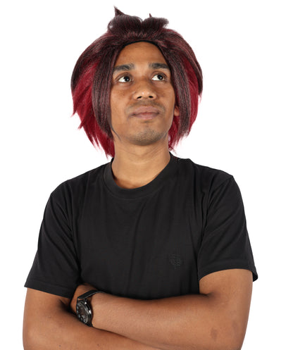 Wigs2you H-7111 大人男性用ショートレイヤードバーガンディコスプレウィッグ（赤い模様とイヤリング付き）｜アニメ風ヘアスタイル、キャップとボーナスステッカー付き