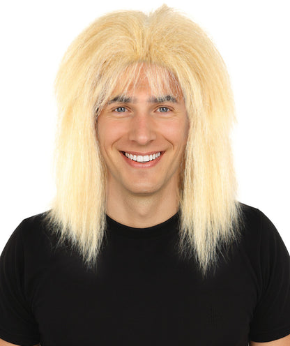 Wigs2you H-7114 大人男性用ストレートブロンドロッカーウィッグ｜80年代スタイル、肩までの長さ、前髪付き｜コスプレやテーマパーティーに最適な通気性の良いキャップレスキャップ