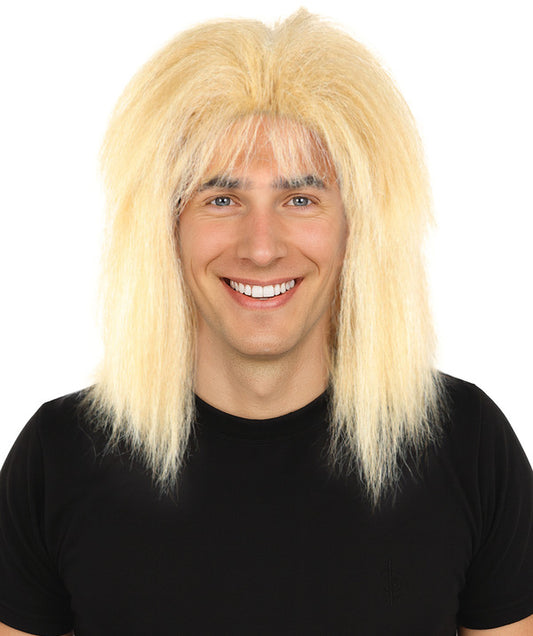Wigs2you H-7114 大人男性用ストレートブロンドロッカーウィッグ｜80年代スタイル、肩までの長さ、前髪付き｜コスプレやテーマパーティーに最適な通気性の良いキャップレスキャップ