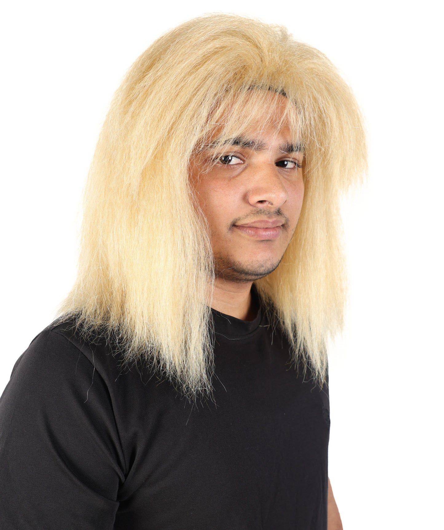 Wigs2you H-7114 大人男性用ストレートブロンドロッカーウィッグ｜80年代スタイル、肩までの長さ、前髪付き｜コスプレやテーマパーティーに最適な通気性の良いキャップレスキャップ