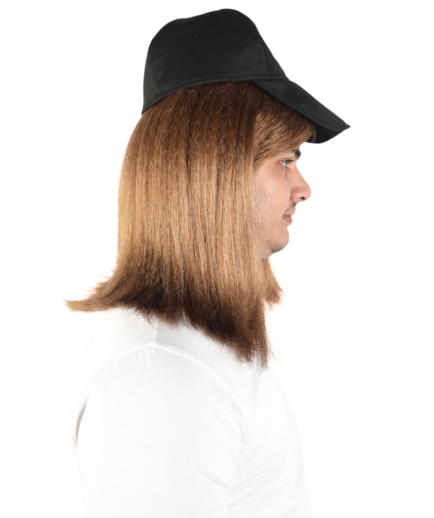 Wigs2you H-7115 大人男性用ブラウンレトロウィッグ（ブラックのスローガンキャップ付き）｜パーティー、コスプレ、ドレスアップに最適なストレートレイヤードヘアアクセサリー｜軽量キャップレスデザイン
