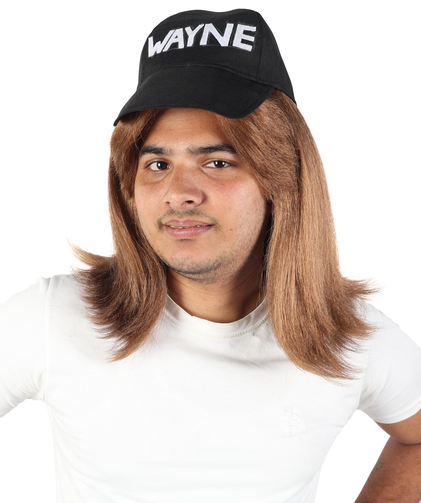 Wigs2you H-7115 大人男性用ブラウンレトロウィッグ（ブラックのスローガンキャップ付き）｜パーティー、コスプレ、ドレスアップに最適なストレートレイヤードヘアアクセサリー｜軽量キャップレスデザイン