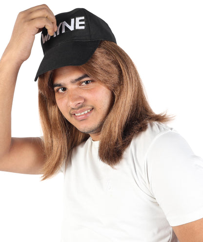 Wigs2you H-7115 大人男性用ブラウンレトロウィッグ（ブラックのスローガンキャップ付き）｜パーティー、コスプレ、ドレスアップに最適なストレートレイヤードヘアアクセサリー｜軽量キャップレスデザイン
