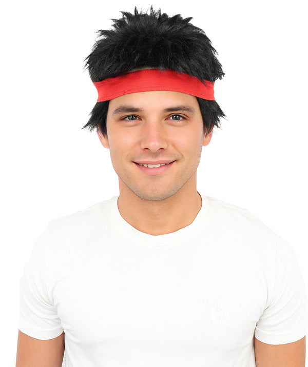 Wigs2you H-7116赤いヘッドバンド付き黒のスパイクウィッグ｜男性用ショートコスプレヘア｜合成繊維｜ハロウィン、イベント、ロールプレイ用アニメ衣装
