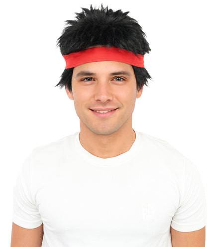 Wigs2you H-7116赤いヘッドバンド付き黒のスパイクウィッグ｜男性用ショートコスプレヘア｜合成繊維｜ハロウィン、イベント、ロールプレイ用アニメ衣装