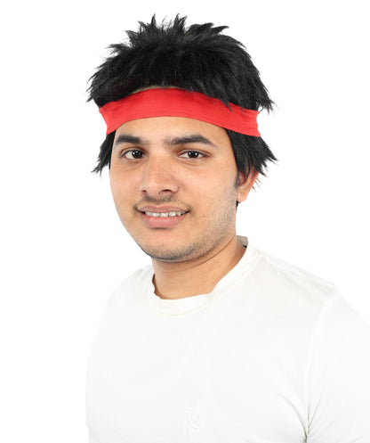 Wigs2you H-7116赤いヘッドバンド付き黒のスパイクウィッグ｜男性用ショートコスプレヘア｜合成繊維｜ハロウィン、イベント、ロールプレイ用アニメ衣装