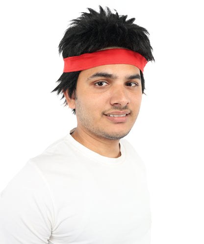 Wigs2you H-7116赤いヘッドバンド付き黒のスパイクウィッグ｜男性用ショートコスプレヘア｜合成繊維｜ハロウィン、イベント、ロールプレイ用アニメ衣装