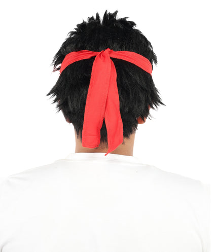 Wigs2you H-7116赤いヘッドバンド付き黒のスパイクウィッグ｜男性用ショートコスプレヘア｜合成繊維｜ハロウィン、イベント、ロールプレイ用アニメ衣装