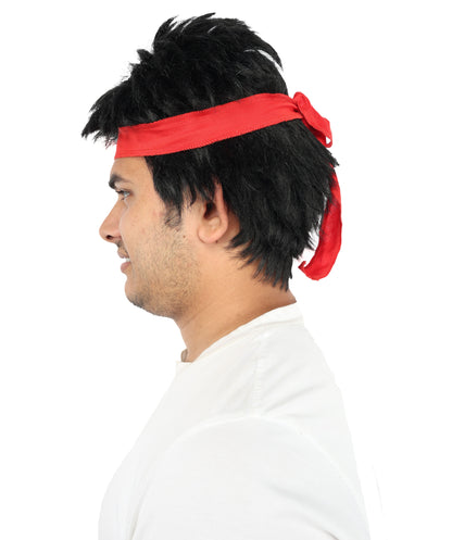 Wigs2you H-7116赤いヘッドバンド付き黒のスパイクウィッグ｜男性用ショートコスプレヘア｜合成繊維｜ハロウィン、イベント、ロールプレイ用アニメ衣装