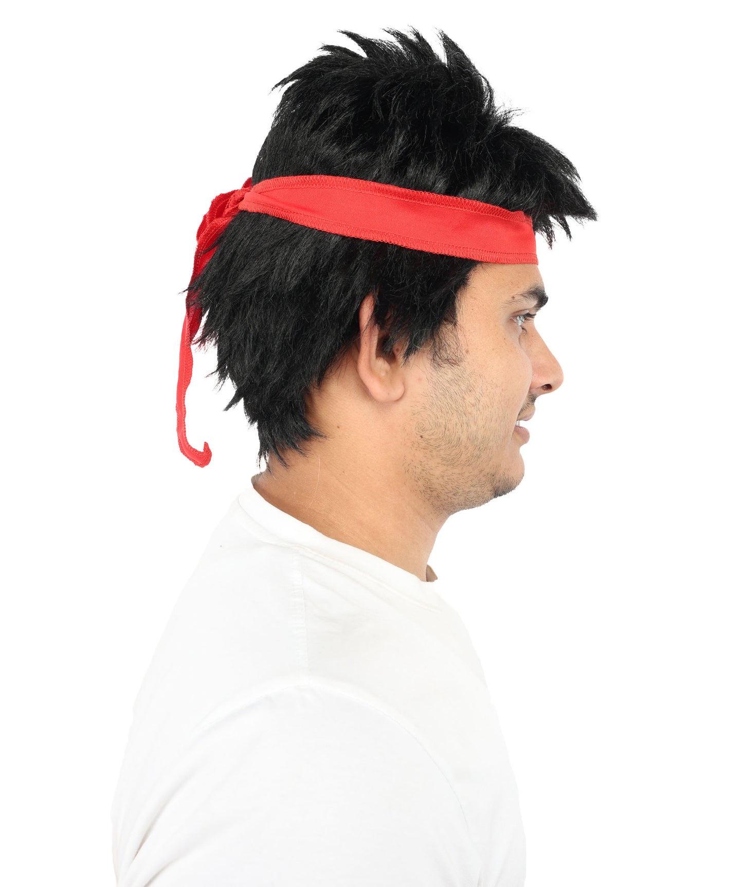 Wigs2you H-7116赤いヘッドバンド付き黒のスパイクウィッグ｜男性用ショートコスプレヘア｜合成繊維｜ハロウィン、イベント、ロールプレイ用アニメ衣装