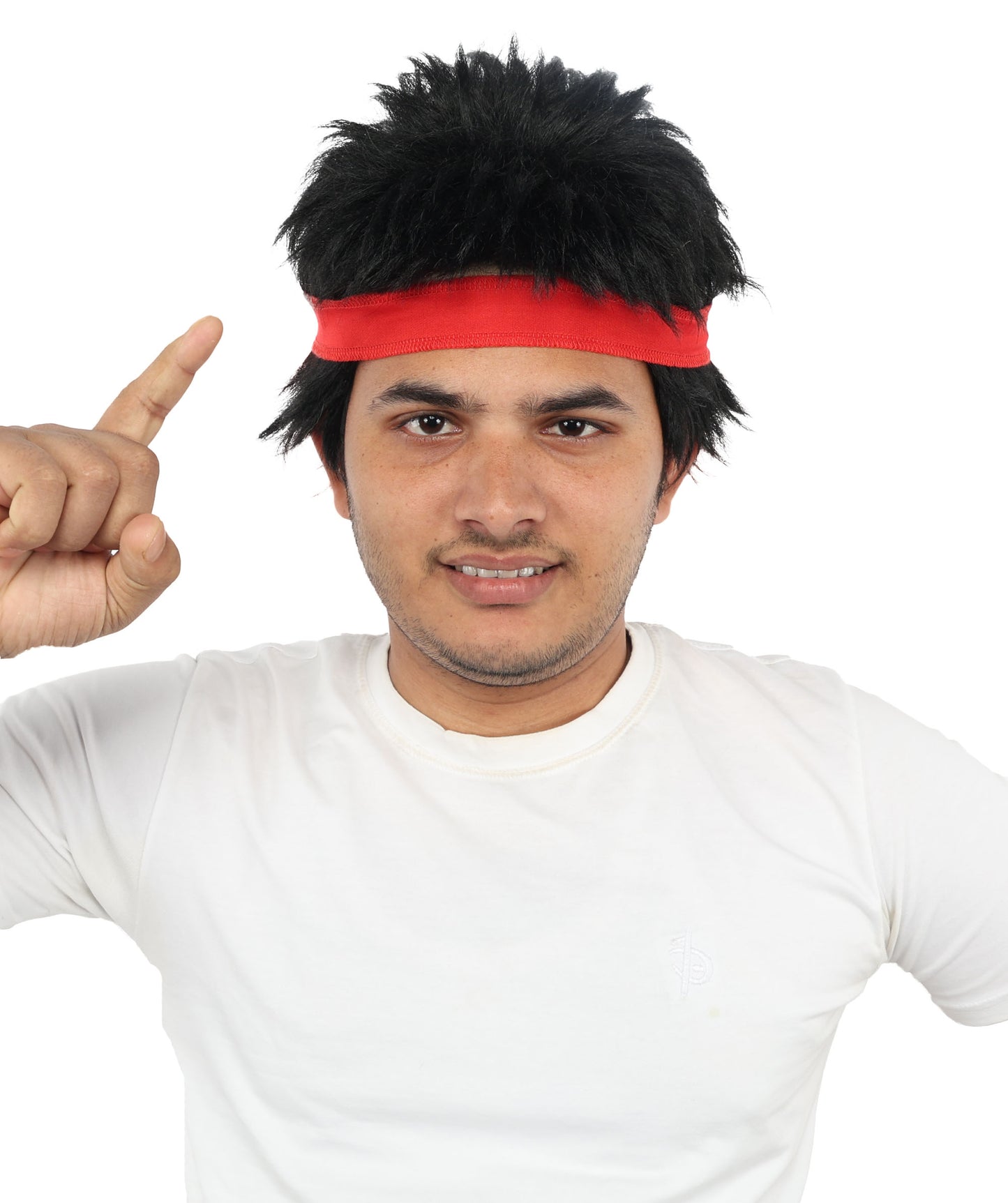 Wigs2you H-7116赤いヘッドバンド付き黒のスパイクウィッグ｜男性用ショートコスプレヘア｜合成繊維｜ハロウィン、イベント、ロールプレイ用アニメ衣装