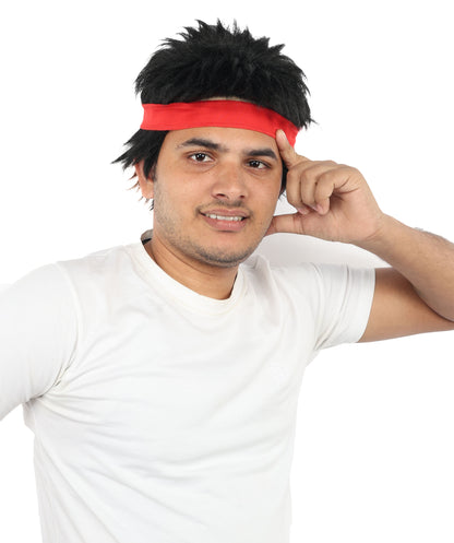 Wigs2you H-7116赤いヘッドバンド付き黒のスパイクウィッグ｜男性用ショートコスプレヘア｜合成繊維｜ハロウィン、イベント、ロールプレイ用アニメ衣装