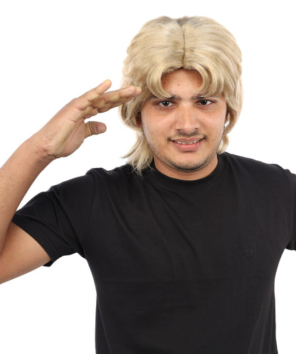 Wigs2you H-7117 大人男性用ブロンド80年代マレットウィッグ - レイヤードスタイルと流れるようなバックが特徴のロッカー風レトロヘアピース | コスプレ、ハロウィン、80年代パーティー、ロールプレイに最適